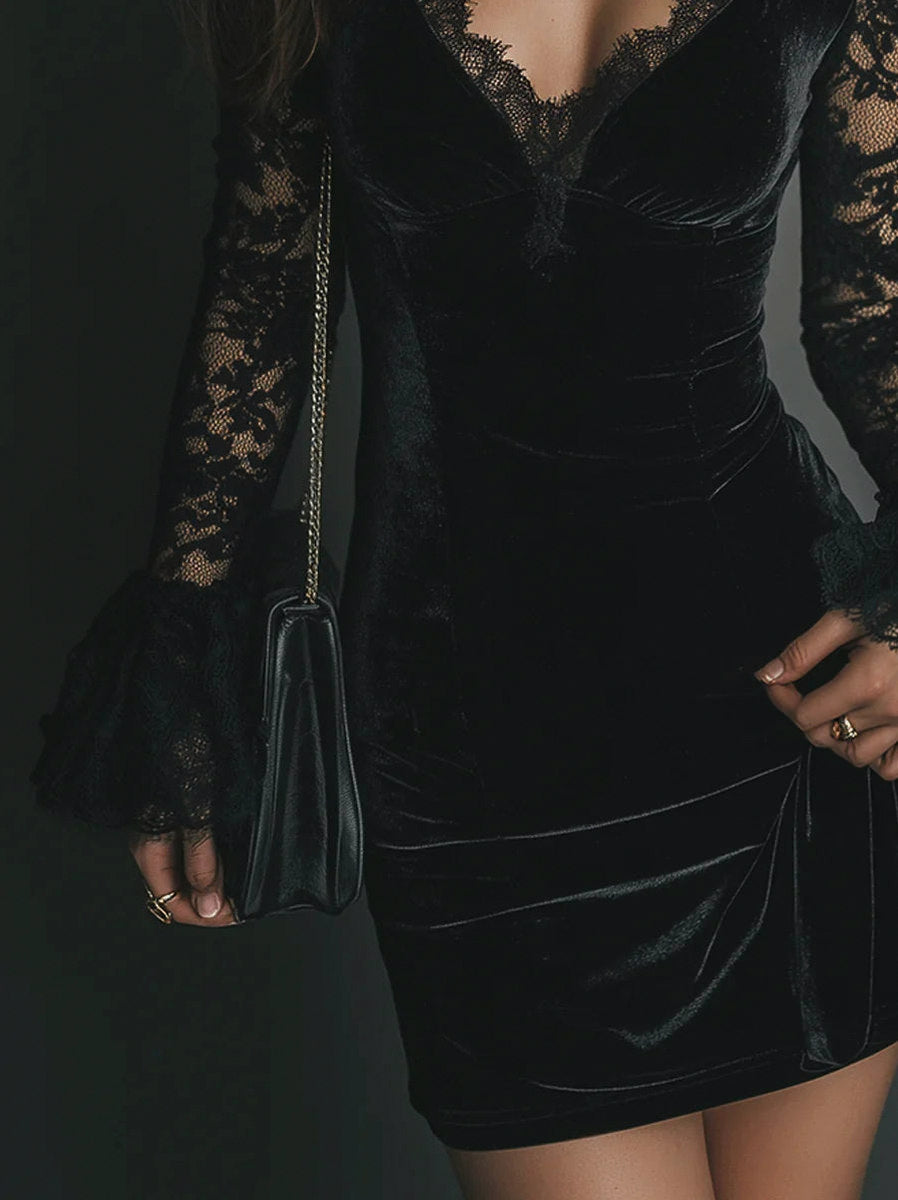 Velvet Lace Long Sleeve Mini Dress