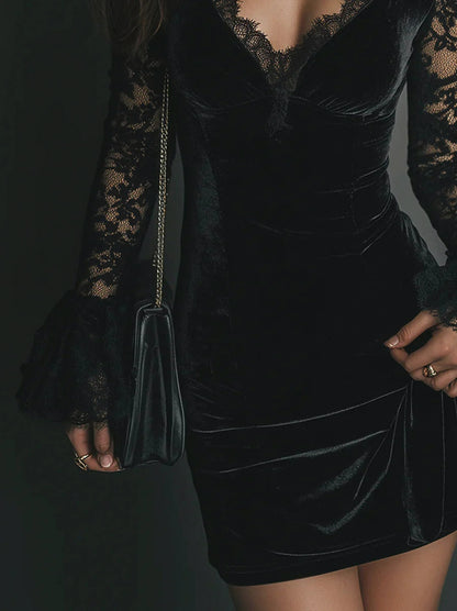 Velvet Lace Long Sleeve Mini Dress