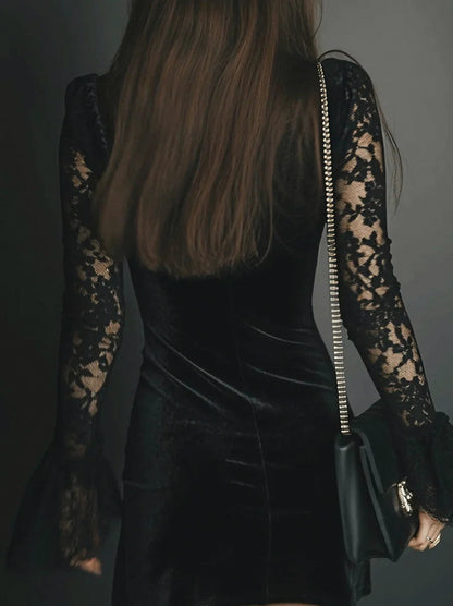 Velvet Lace Long Sleeve Mini Dress