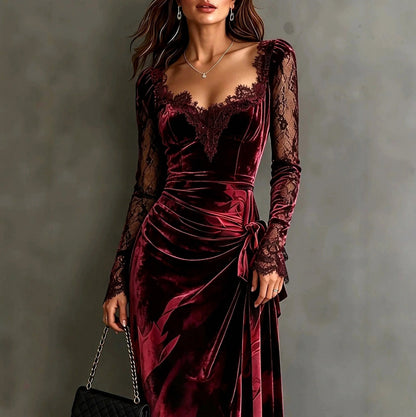Velvet Lace Long Sleeve Sweetheart Midi Dress