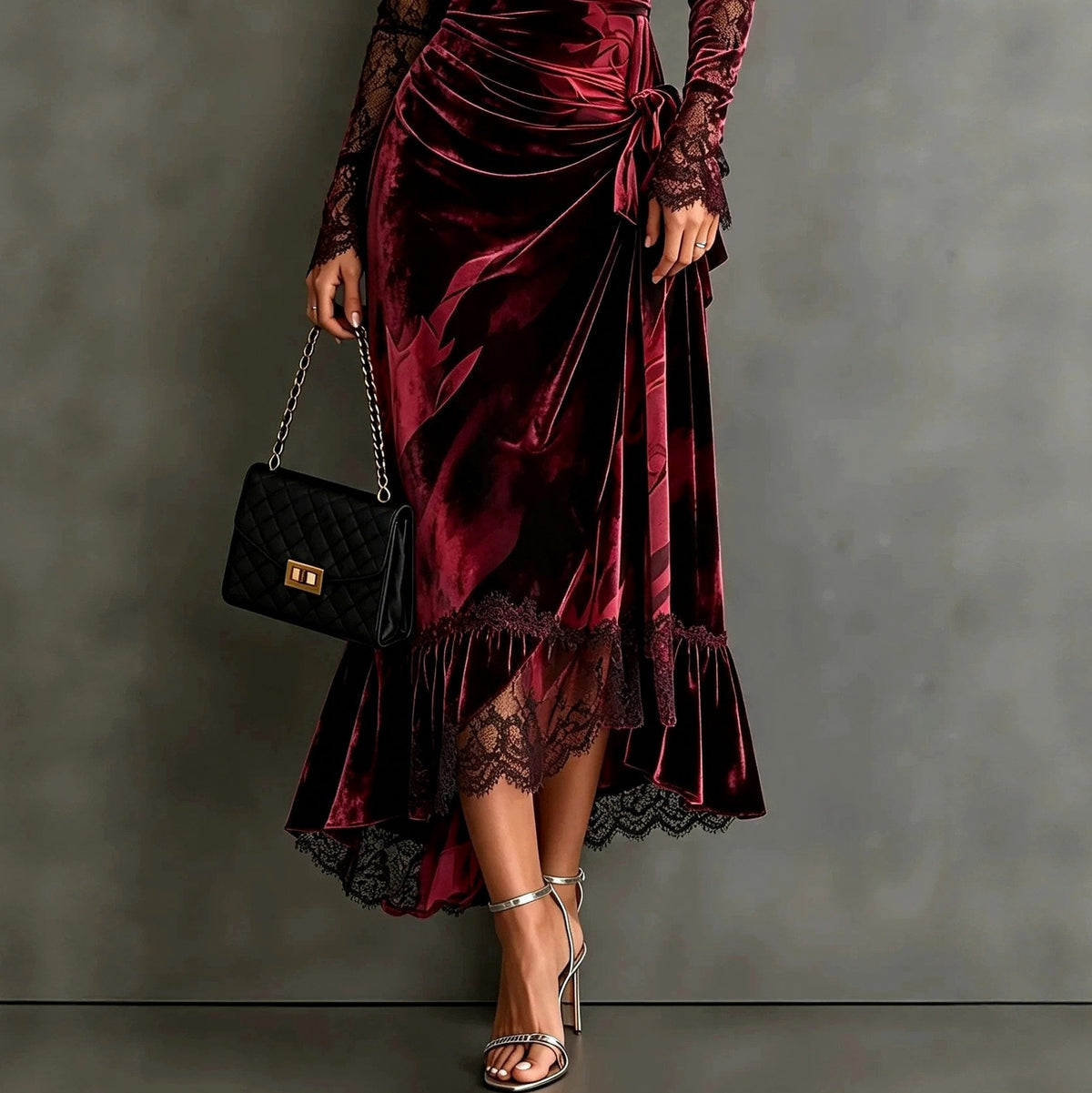 Velvet Lace Long Sleeve Sweetheart Midi Dress