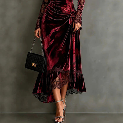 Velvet Lace Long Sleeve Sweetheart Midi Dress