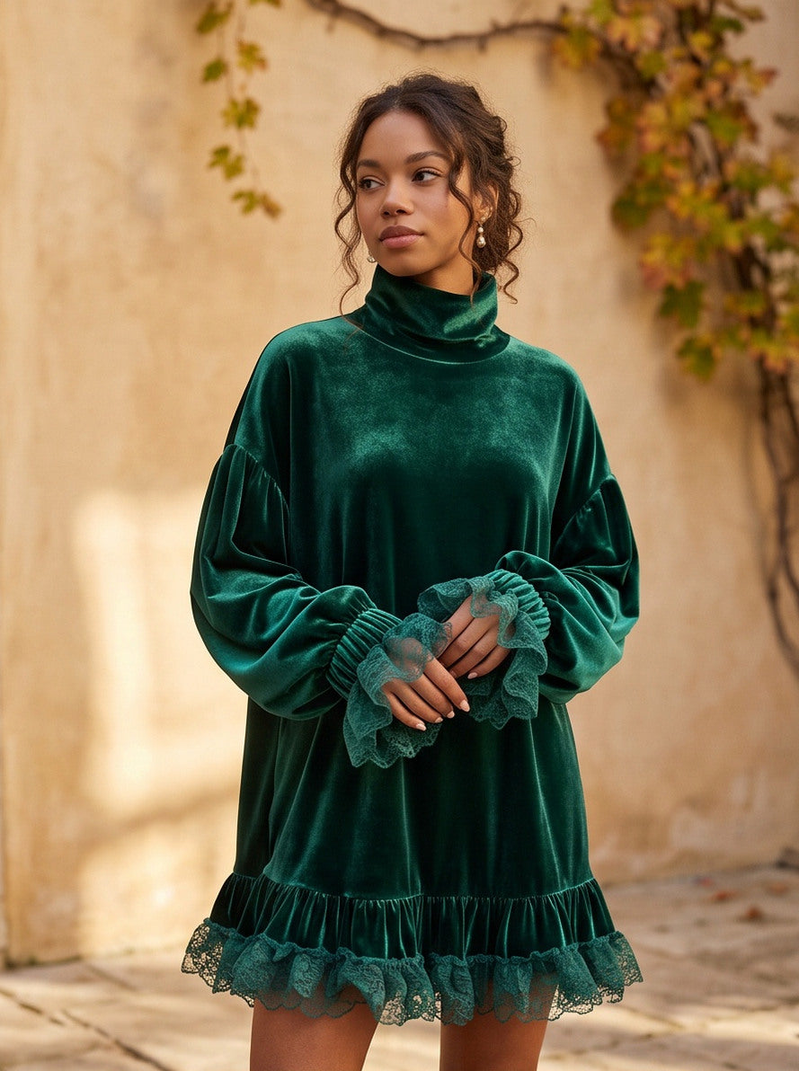 Velvet Lace Trim Mini Dress