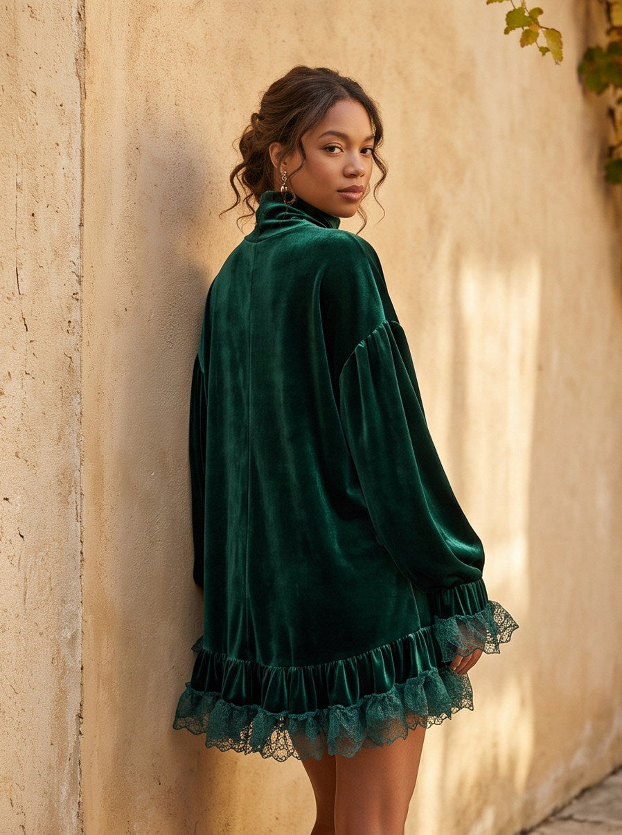 Velvet Lace Trim Mini Dress
