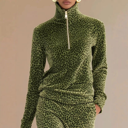 Velvet Leopard Print Half Zip Midi Set