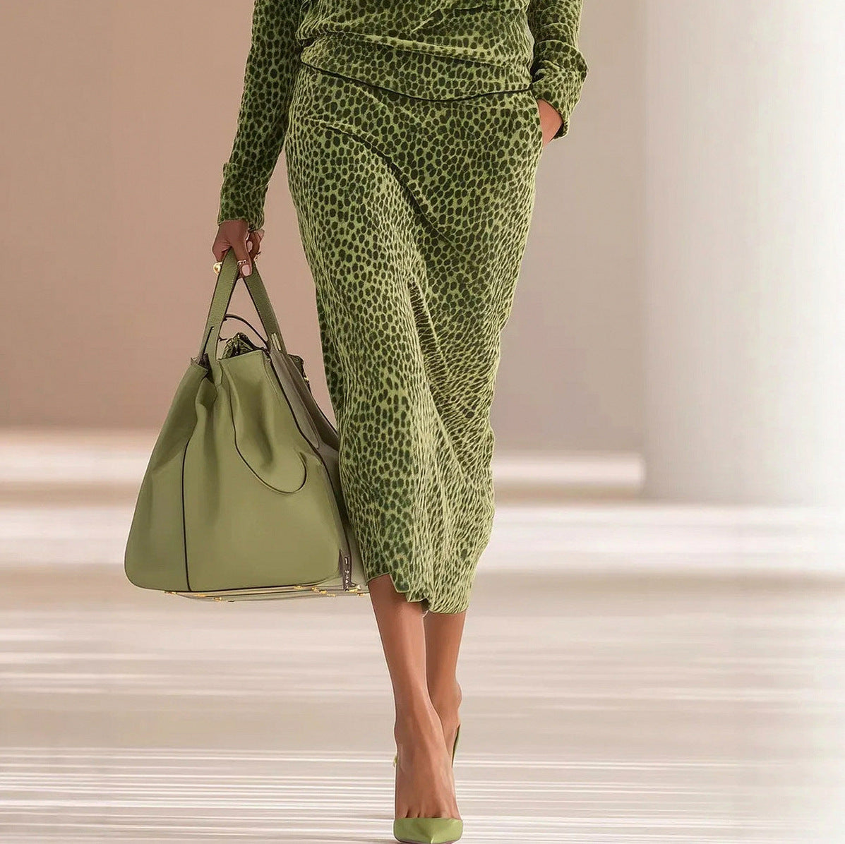 Velvet Leopard Print Half Zip Midi Set