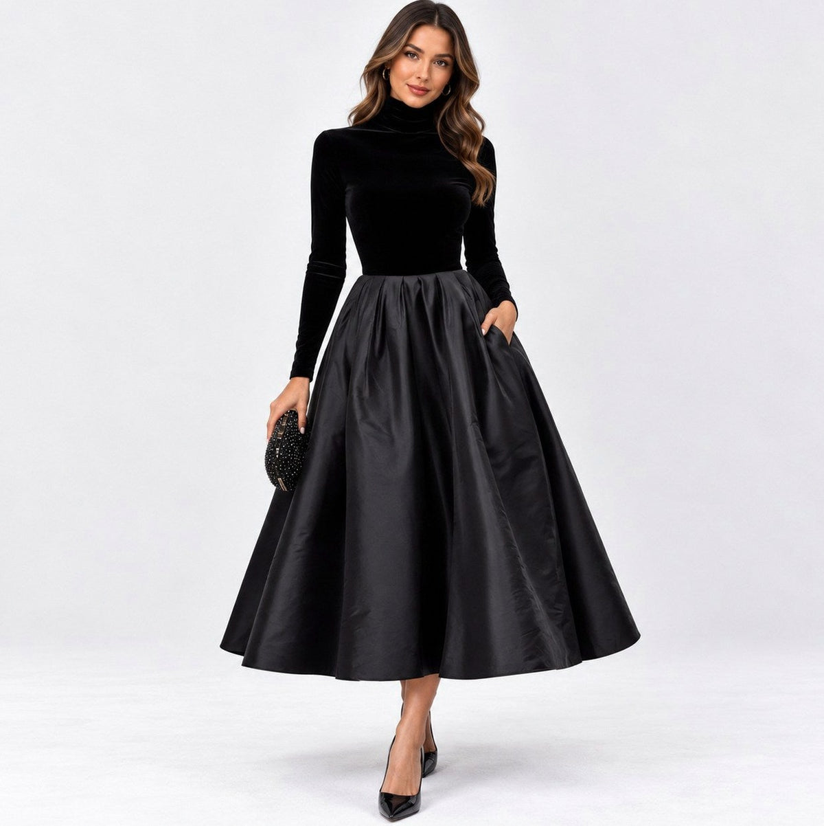 Velvet Long Sleeve A-Line Midi Dress