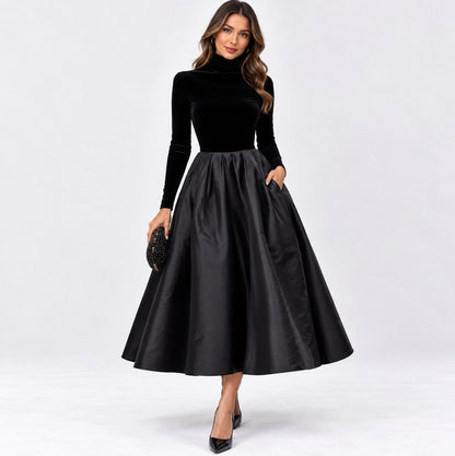 Velvet Long Sleeve A-Line Midi Dress