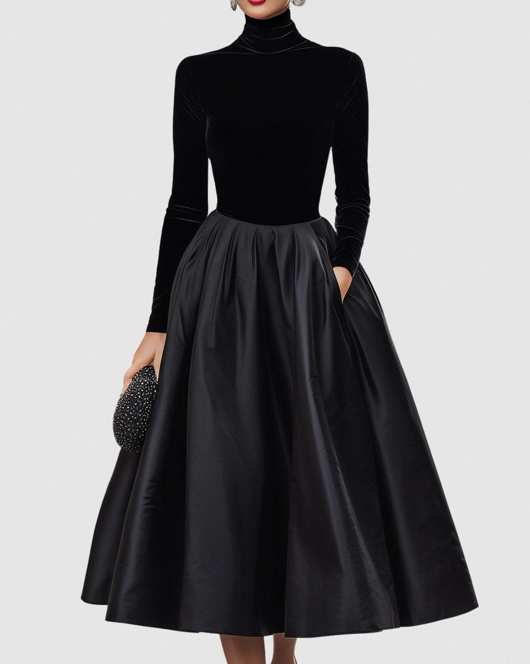 Velvet Long Sleeve A-Line Midi Dress