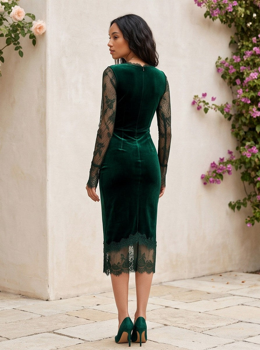 Velvet Long Sleeve Lace Trim Midi Dress