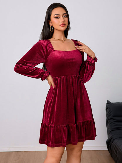 Velvet Long Sleeve Tiered Mini Dress