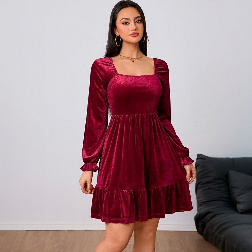 Velvet Long Sleeve Tiered Mini Dress