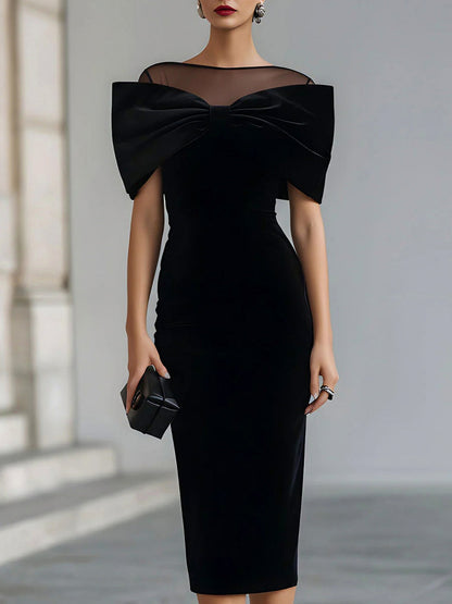 Velvet Off Shoulder Bow Midi Dress