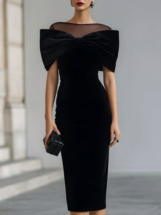 Velvet Off Shoulder Bow Midi Dress