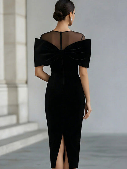 Velvet Off Shoulder Bow Midi Dress