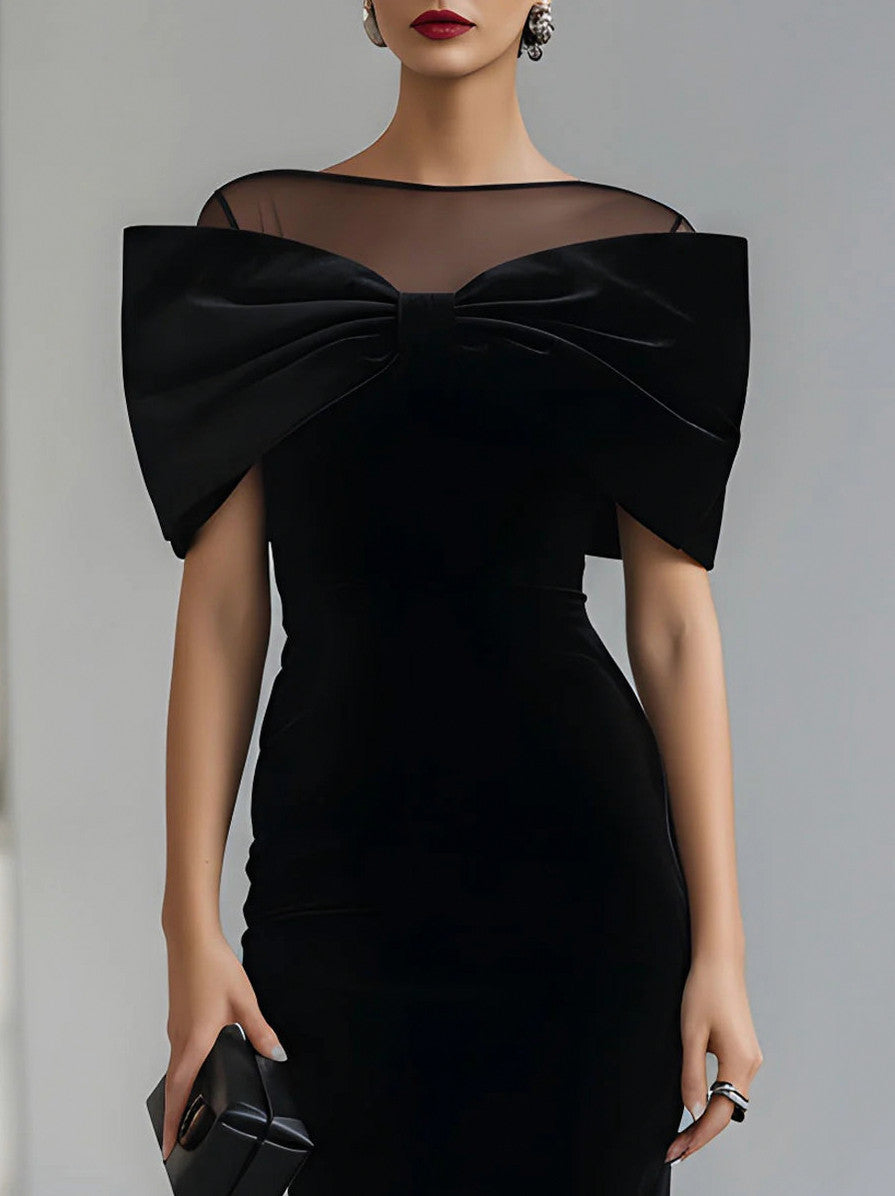 Velvet Off Shoulder Bow Midi Dress