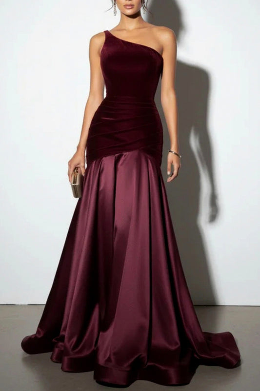 Velvet One Shoulder Pleated Maxi Dress
