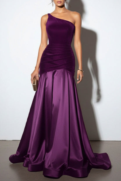 Velvet One Shoulder Pleated Maxi Dress