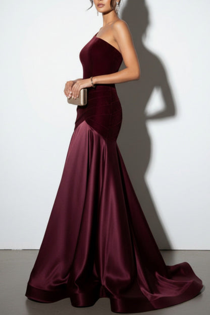 Velvet One Shoulder Pleated Maxi Dress