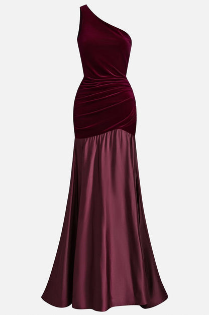 Velvet One Shoulder Pleated Maxi Dress