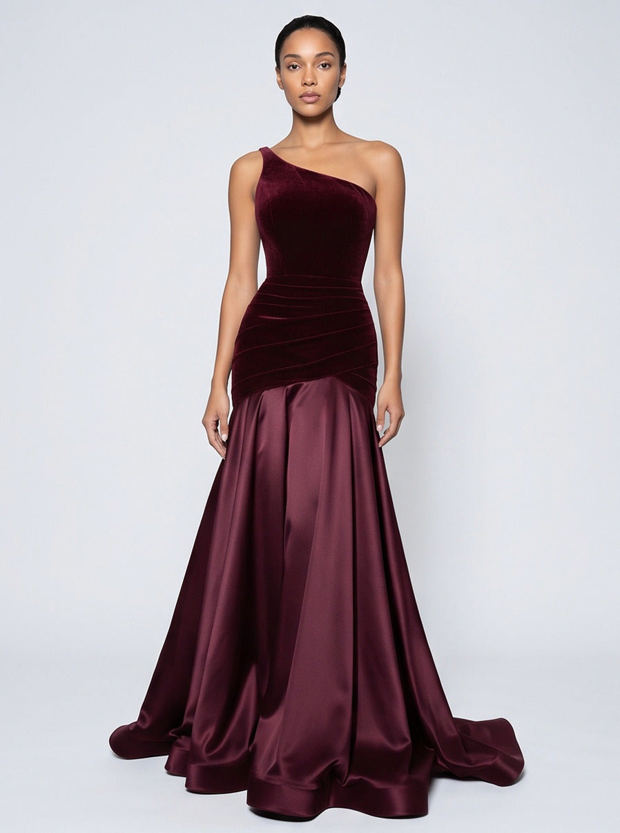 Velvet One Shoulder Satin Maxi Dress
