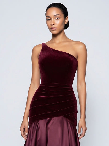 Velvet One Shoulder Satin Maxi Dress