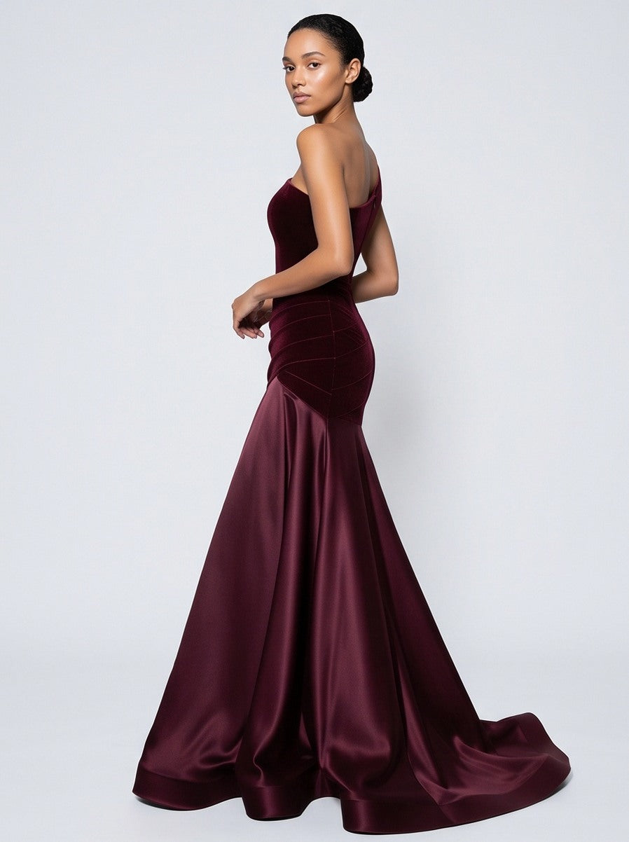 Velvet One Shoulder Satin Maxi Dress