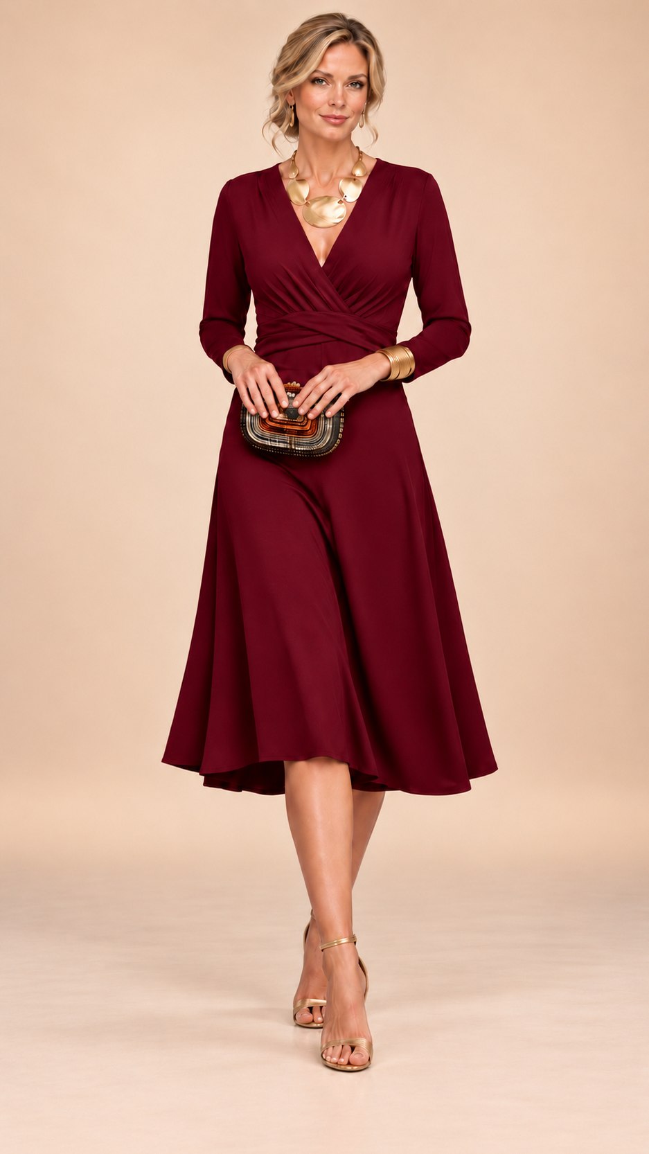 Wrap Long Sleeve A-Line Midi Dress