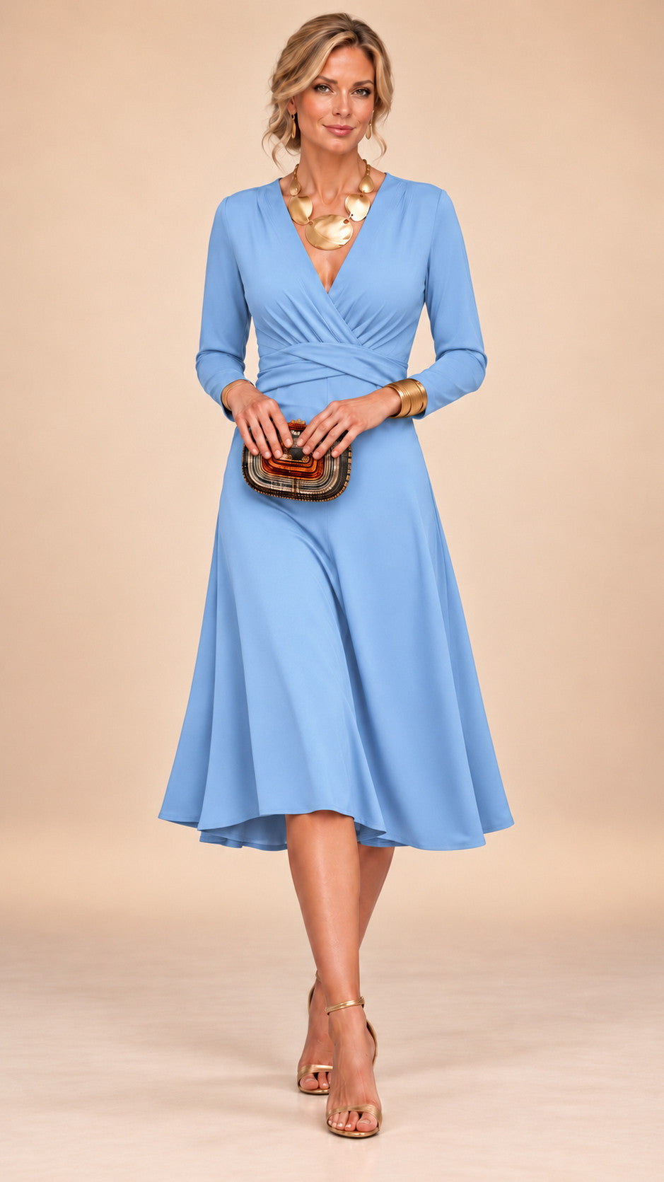 Wrap Long Sleeve A-Line Midi Dress