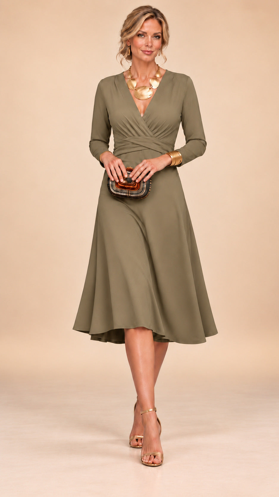 Wrap Long Sleeve A-Line Midi Dress