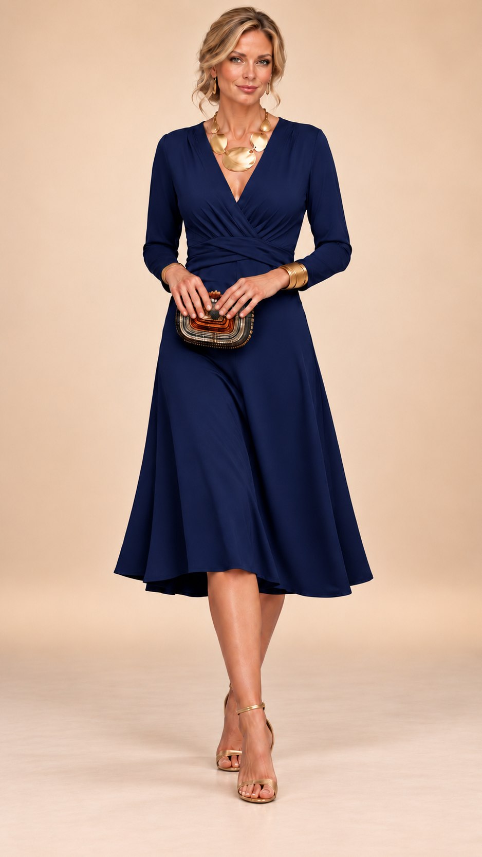 Wrap Long Sleeve A-Line Midi Dress