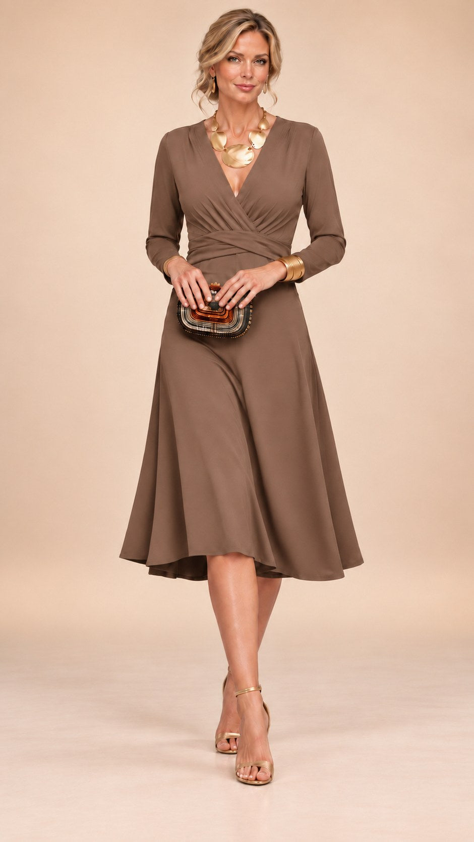Wrap Long Sleeve A-Line Midi Dress